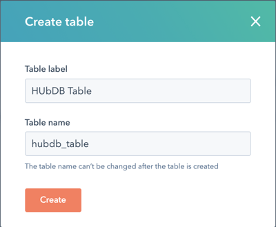 Captura de tela do modal da tabela de criação