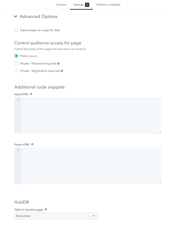 Opções avançadas nas configurações de página para vincular à tabela HubDB Opções avançadas nas configurações de página para vincular à tabela HubDB