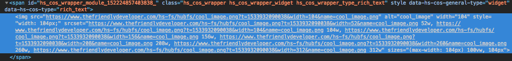 Captura de tela do elemento img com srcset adicionado automaticamente em diferentes URLs de redimensionamento